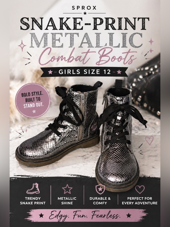 Sprox Other - Snake-Print Metallic Combat Boots – Girls 12